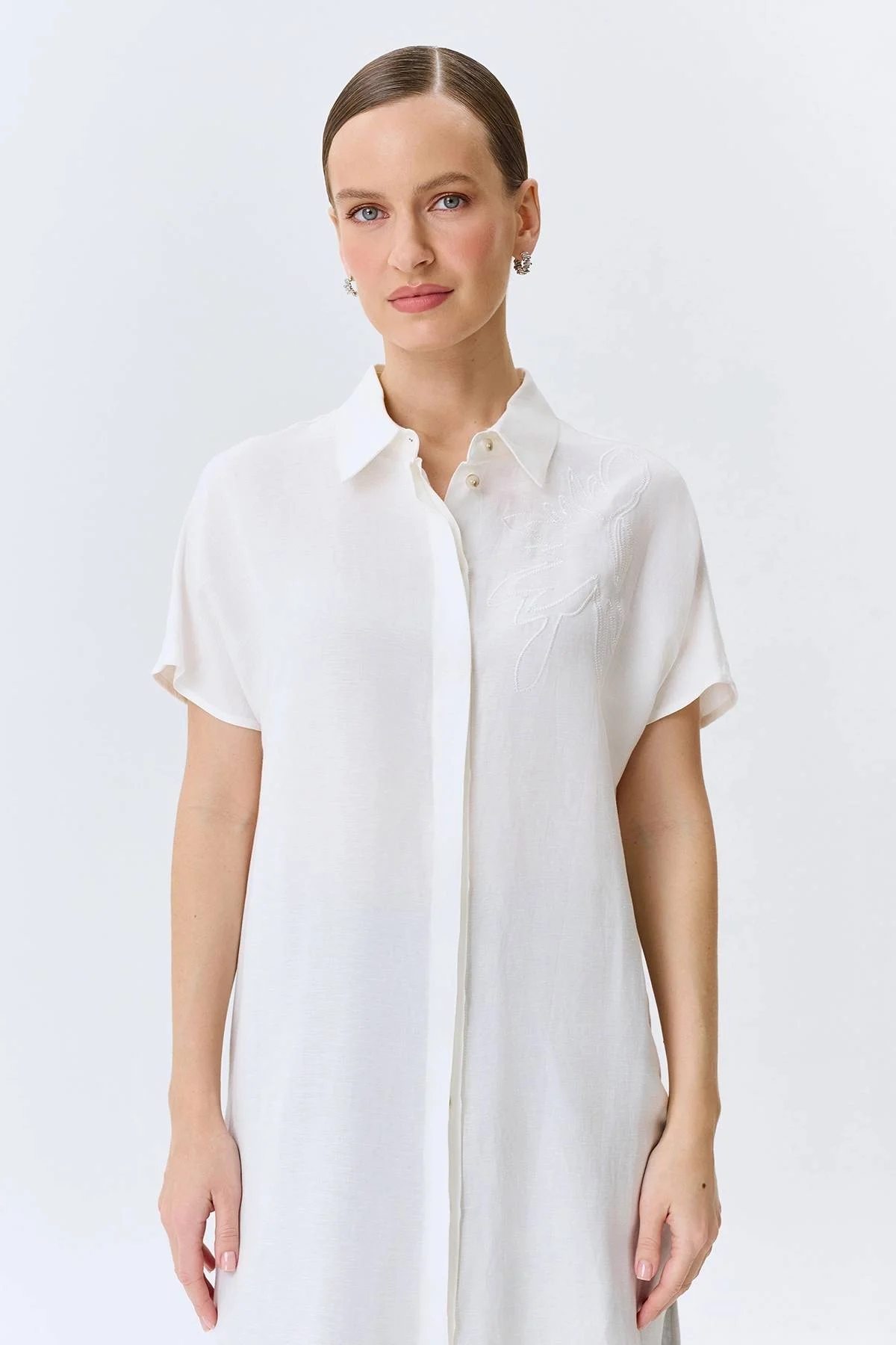 Удлиненная льняная блузка, 38