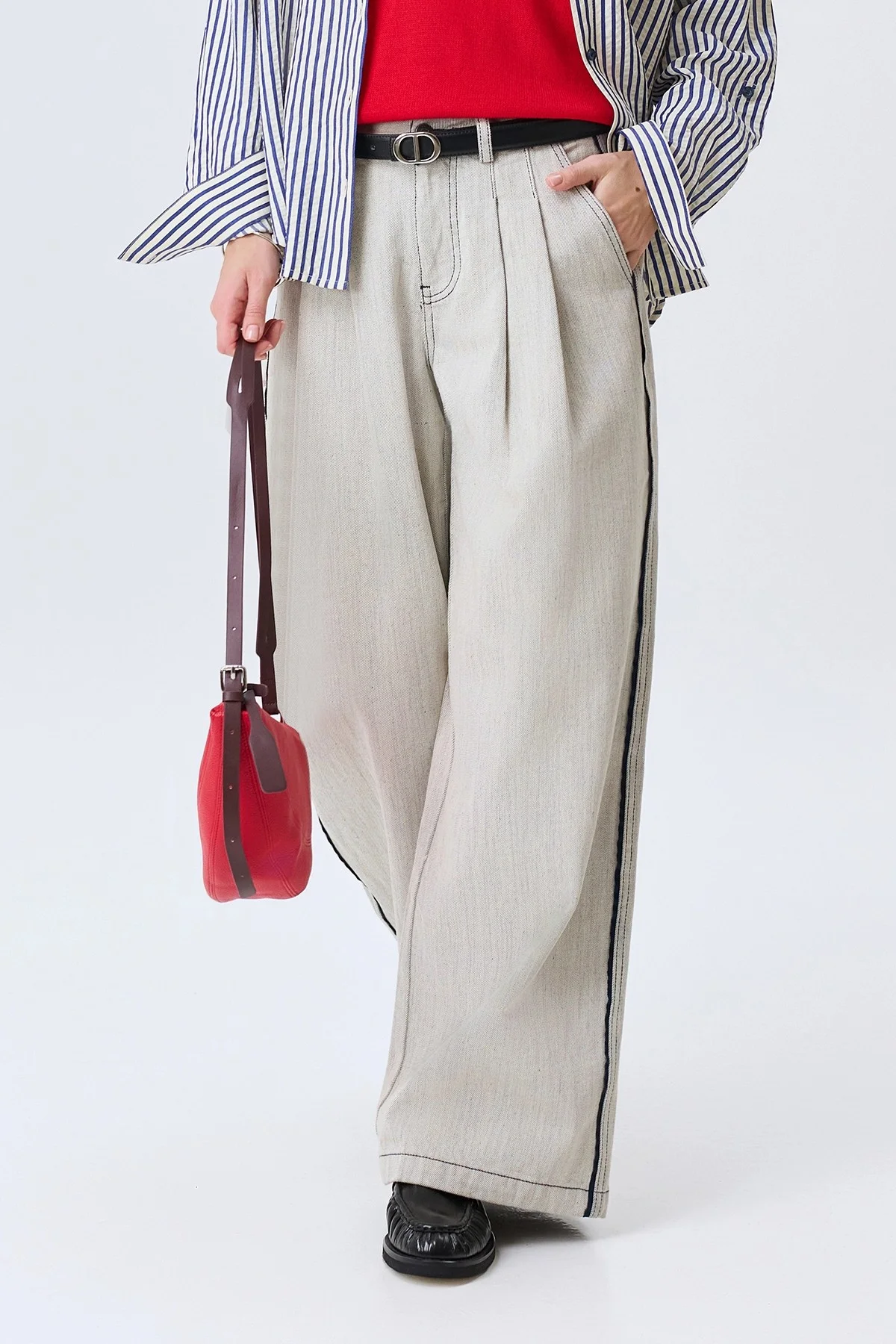 Меланжевые джинсы Wide leg с контрастными кантами, 44