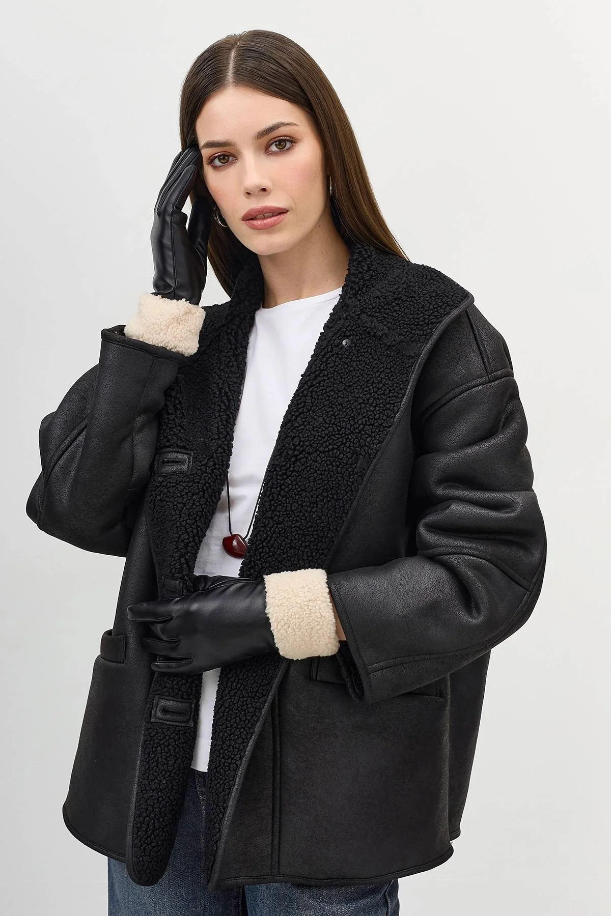 Перчатки из эко кожи с меховыми манжетами, One