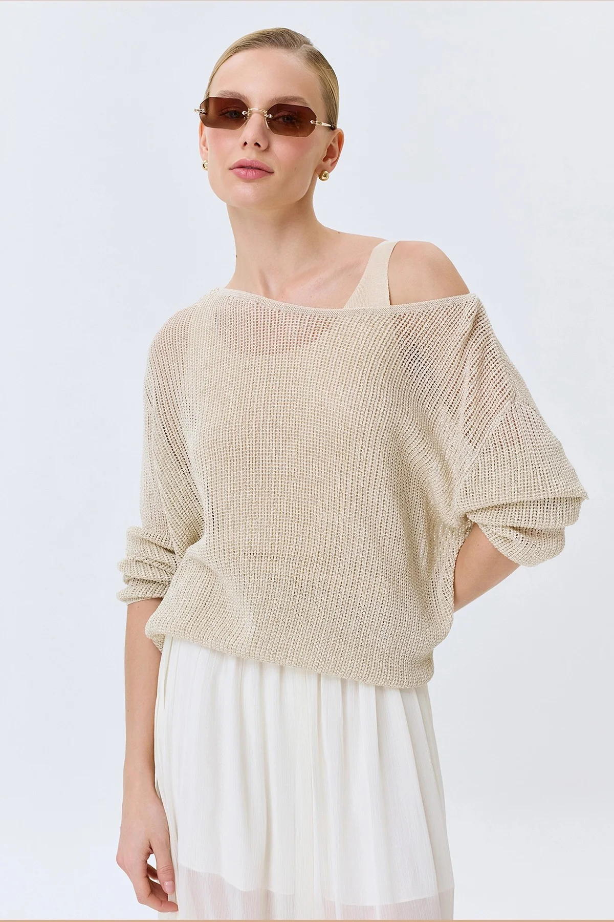 Светлый ажурный комбинированный джемпер, 42