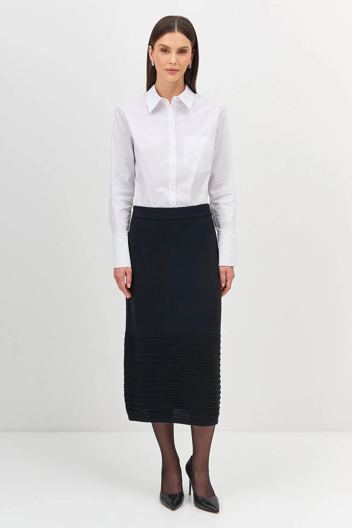 Лимитрированная серия вязаная юбка с ажурной вставкой и ремень, 34