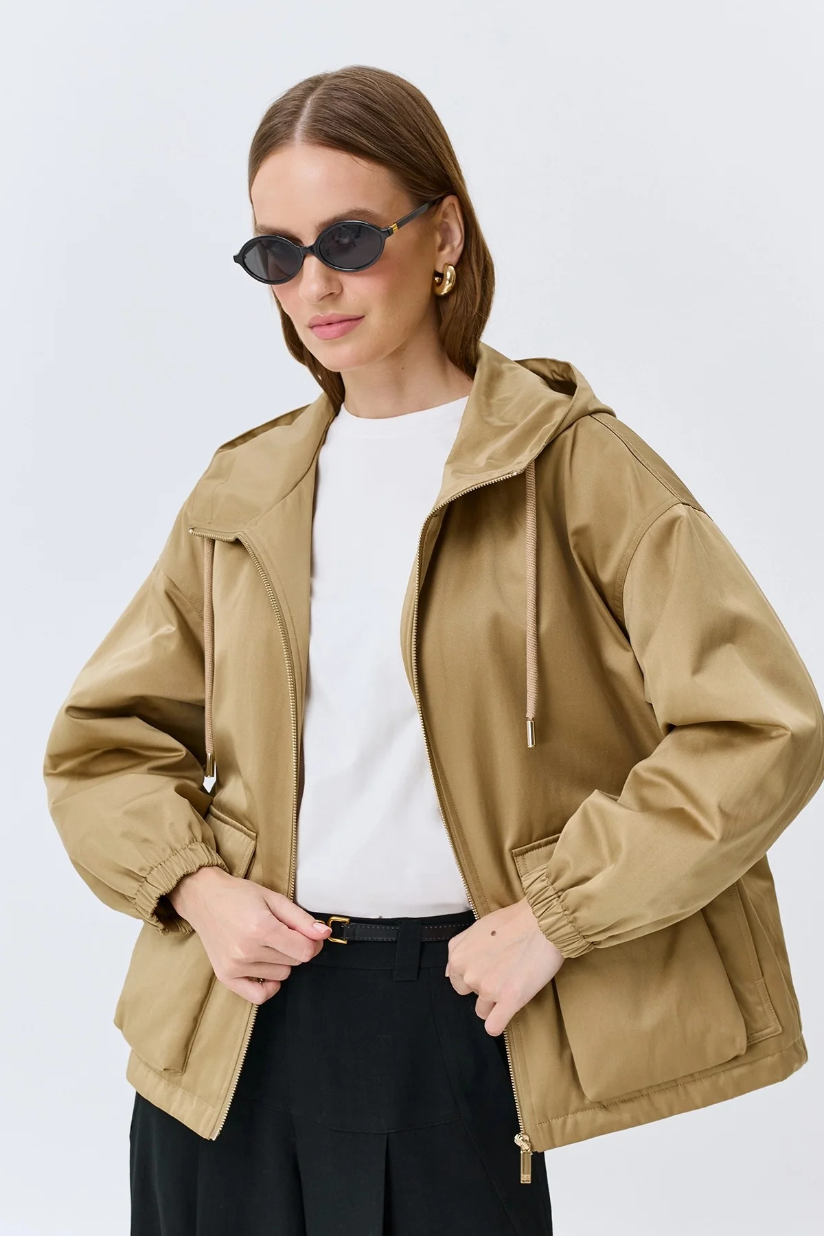 Куртка с капюшоном из сатинового хлопка, 34