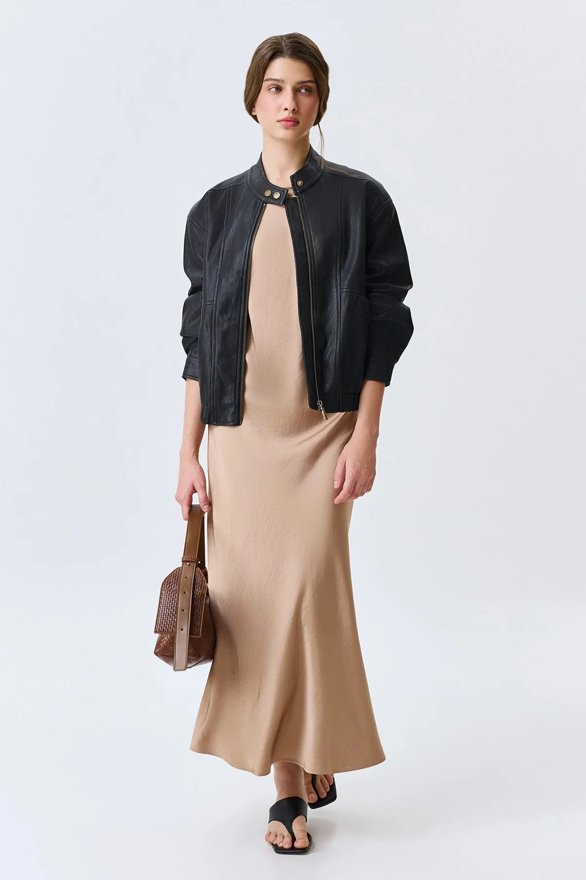 Куртка из эко кожи с воротником-стойкой, 40