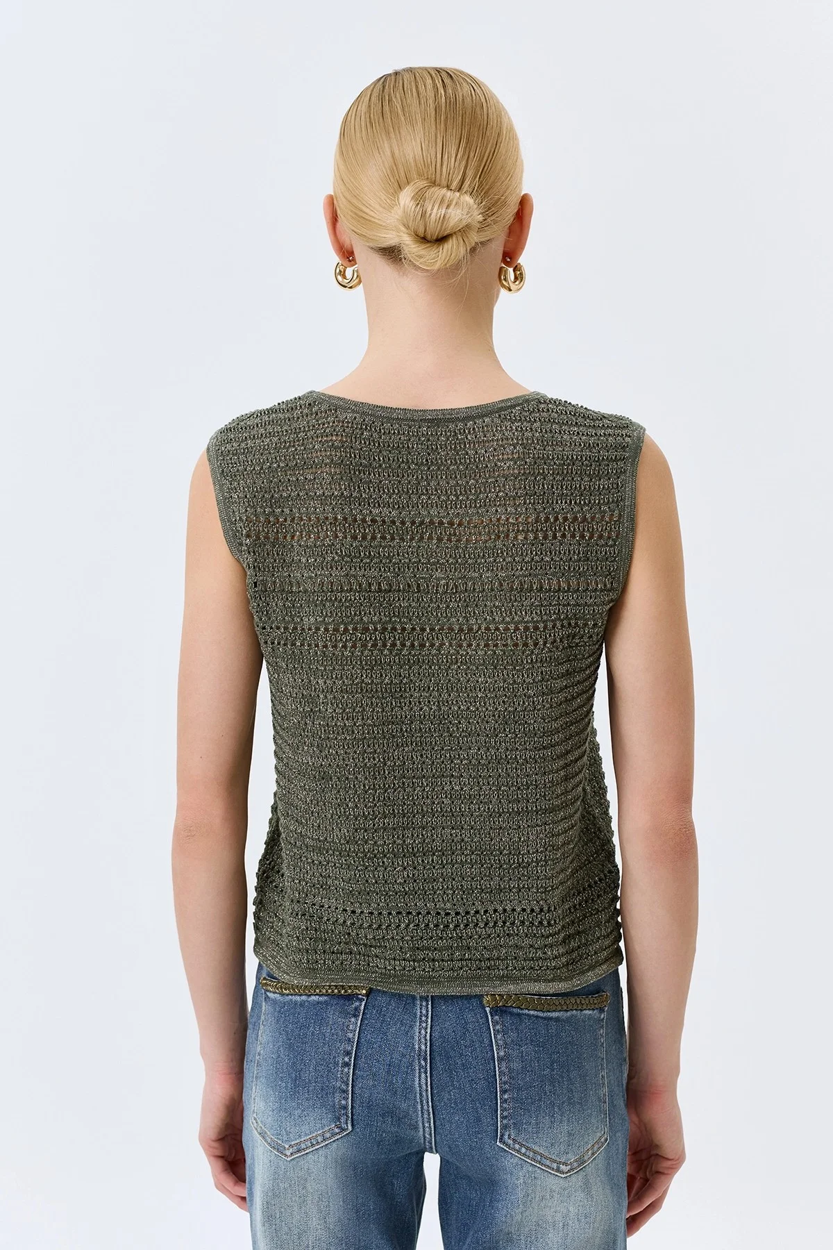Ажурный топ с люрексом в цвете хаки, 48