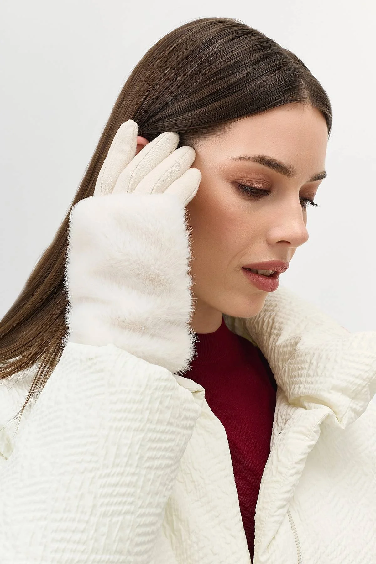 Белые теплые сенсорные перчатки  с митенками, One