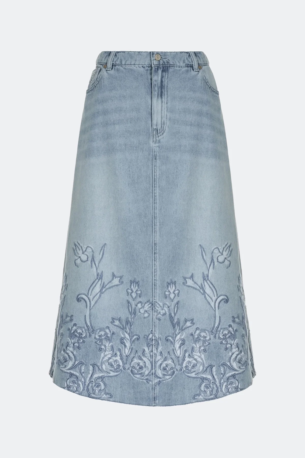 Джинсовая юбка с цветочной вышивкой, 42