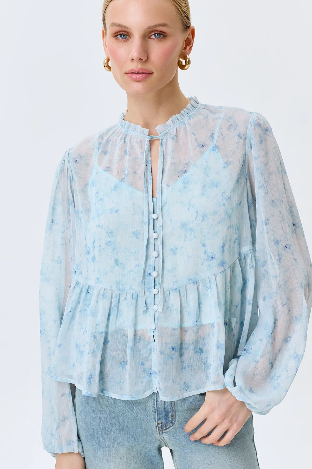 Полупрозрачная блузка с флоральным принтом, 48