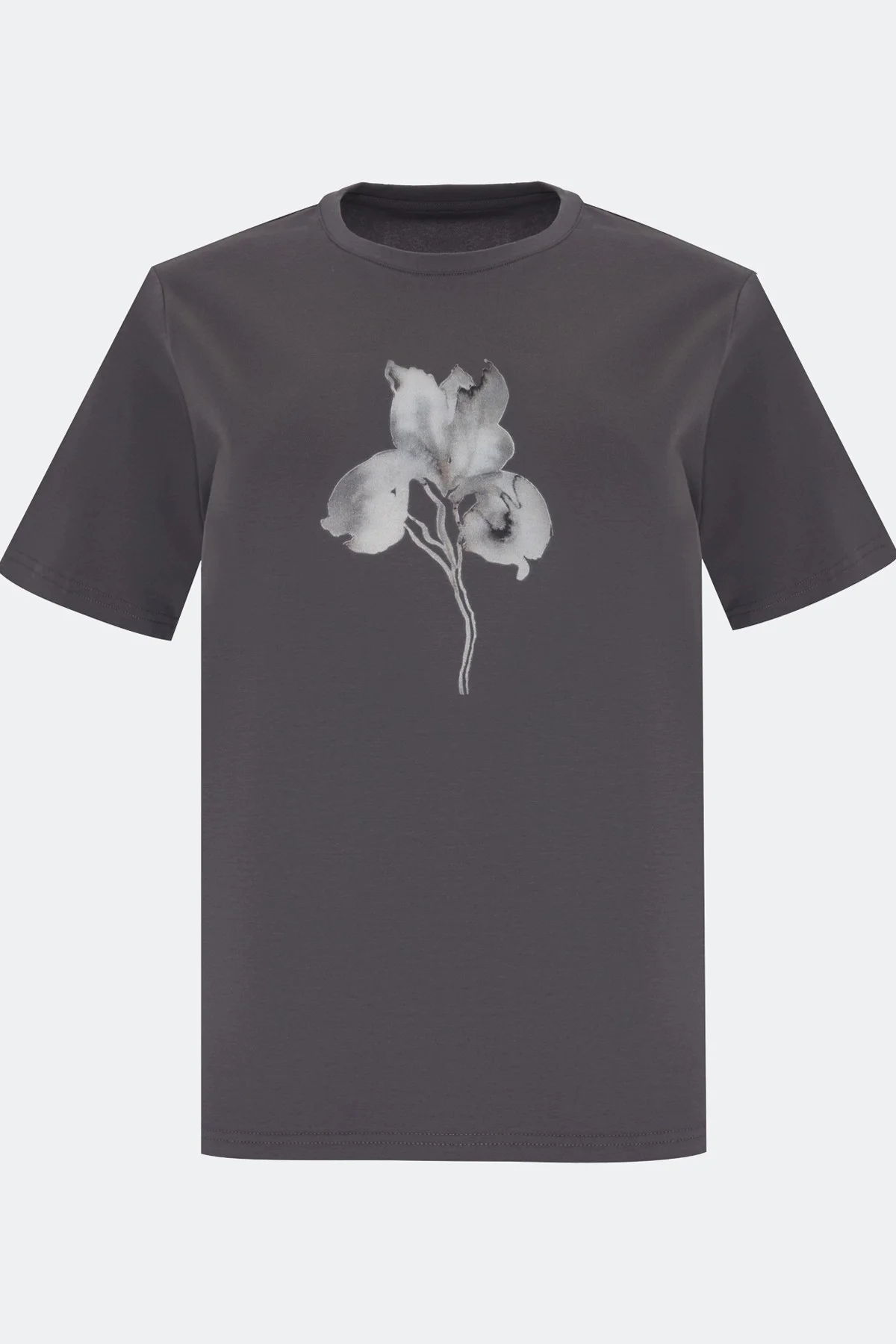 Серая футболка с флоральным принтом прямого силуэта, 46