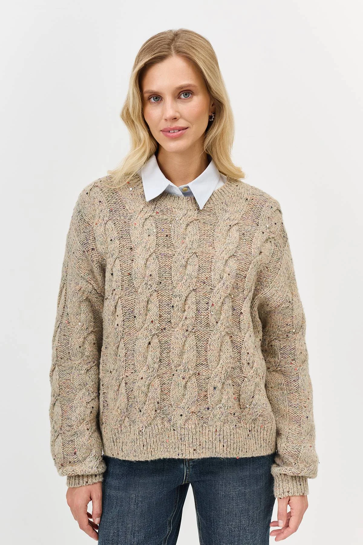 Лимитированная серия меланжевый джемпер с косами и ремень, 44