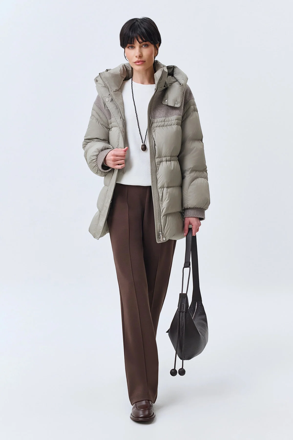 Полупальто пуховое с отделкой шерстью, 34