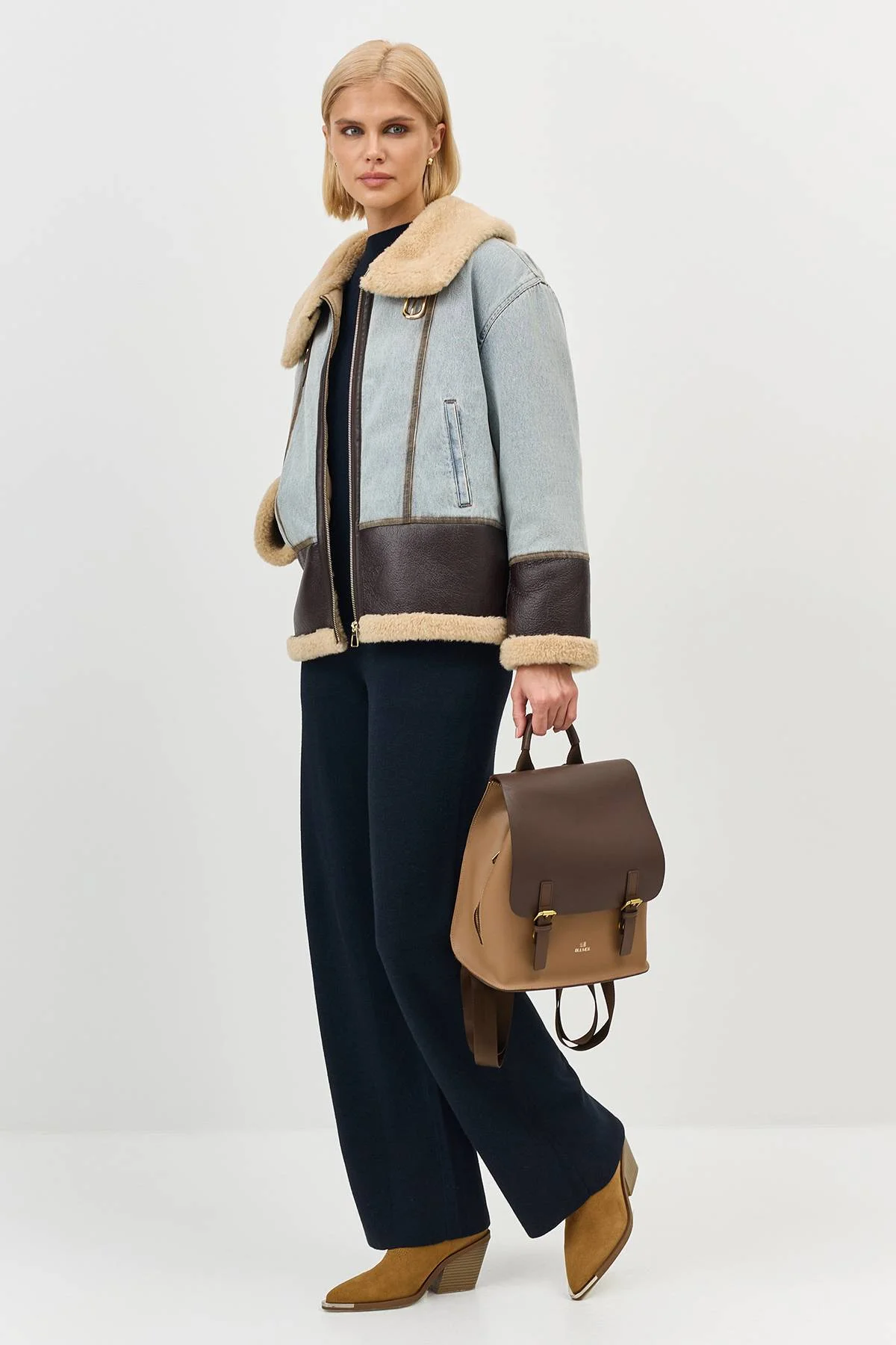 Лимитированная серия утепленная джинсовая куртка с меховыми деталями и ремень, 44