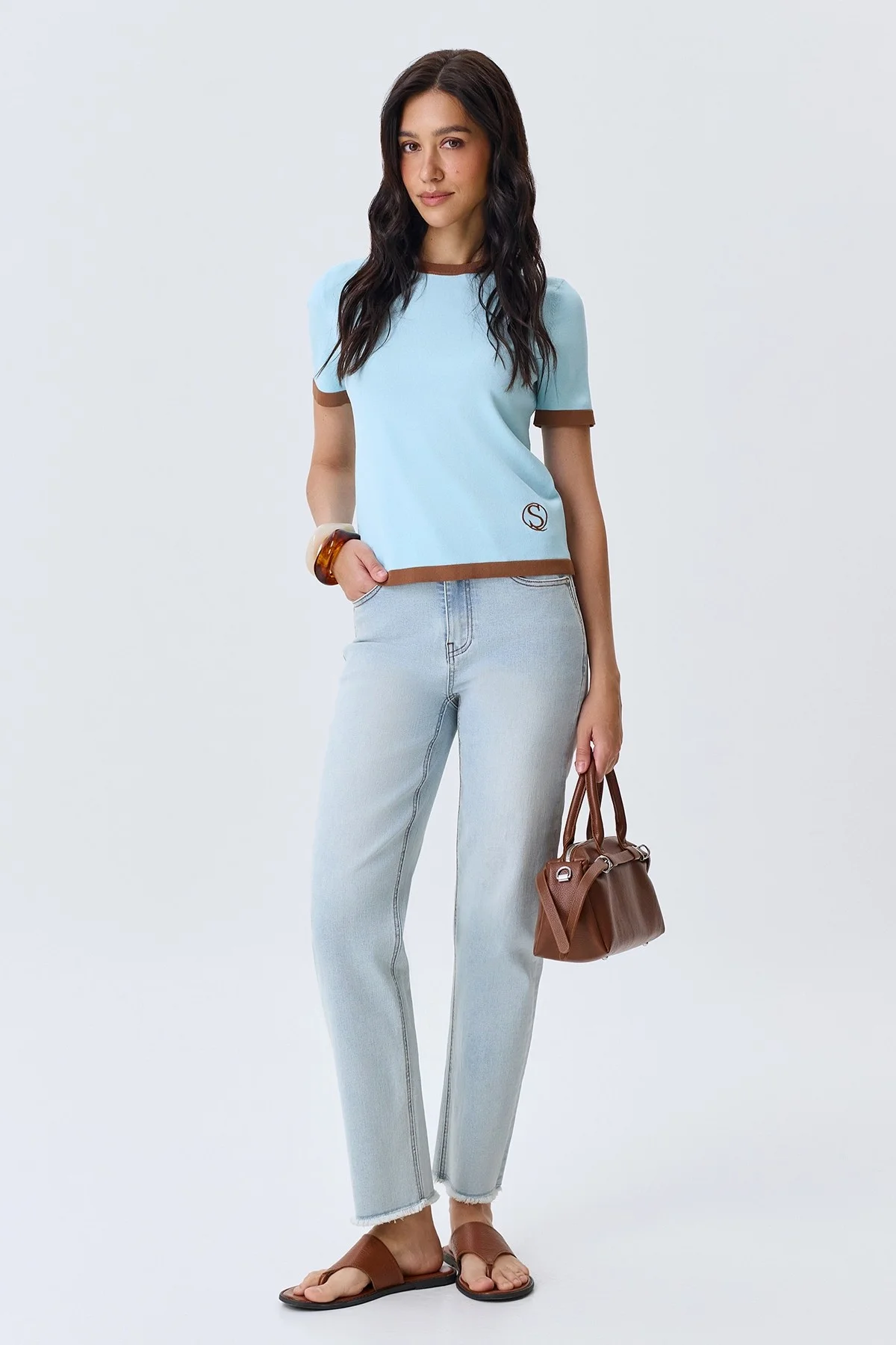 Вязаная футболка с контрастными деталями, 48