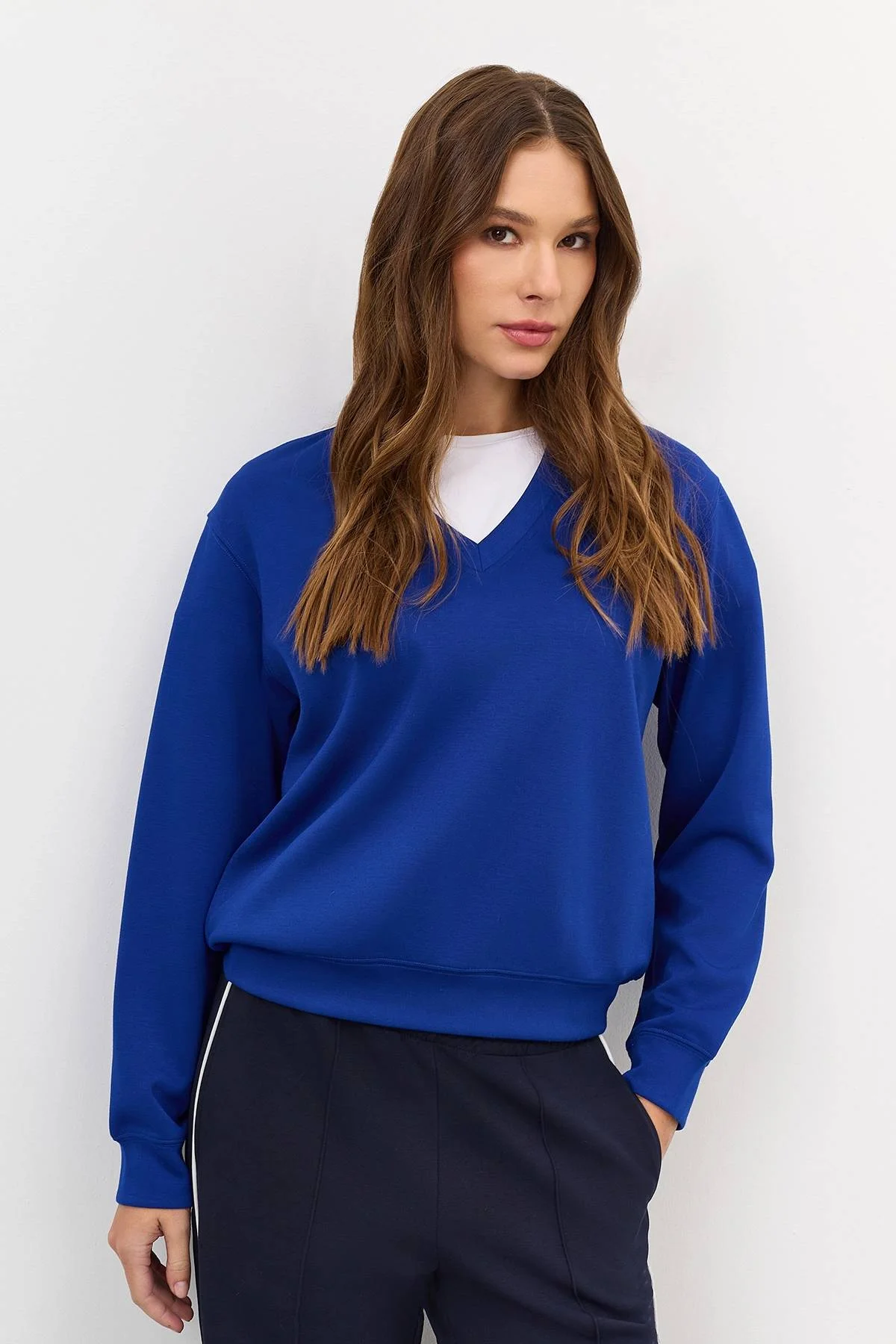 Синий свободный свитер с шерстью, 44