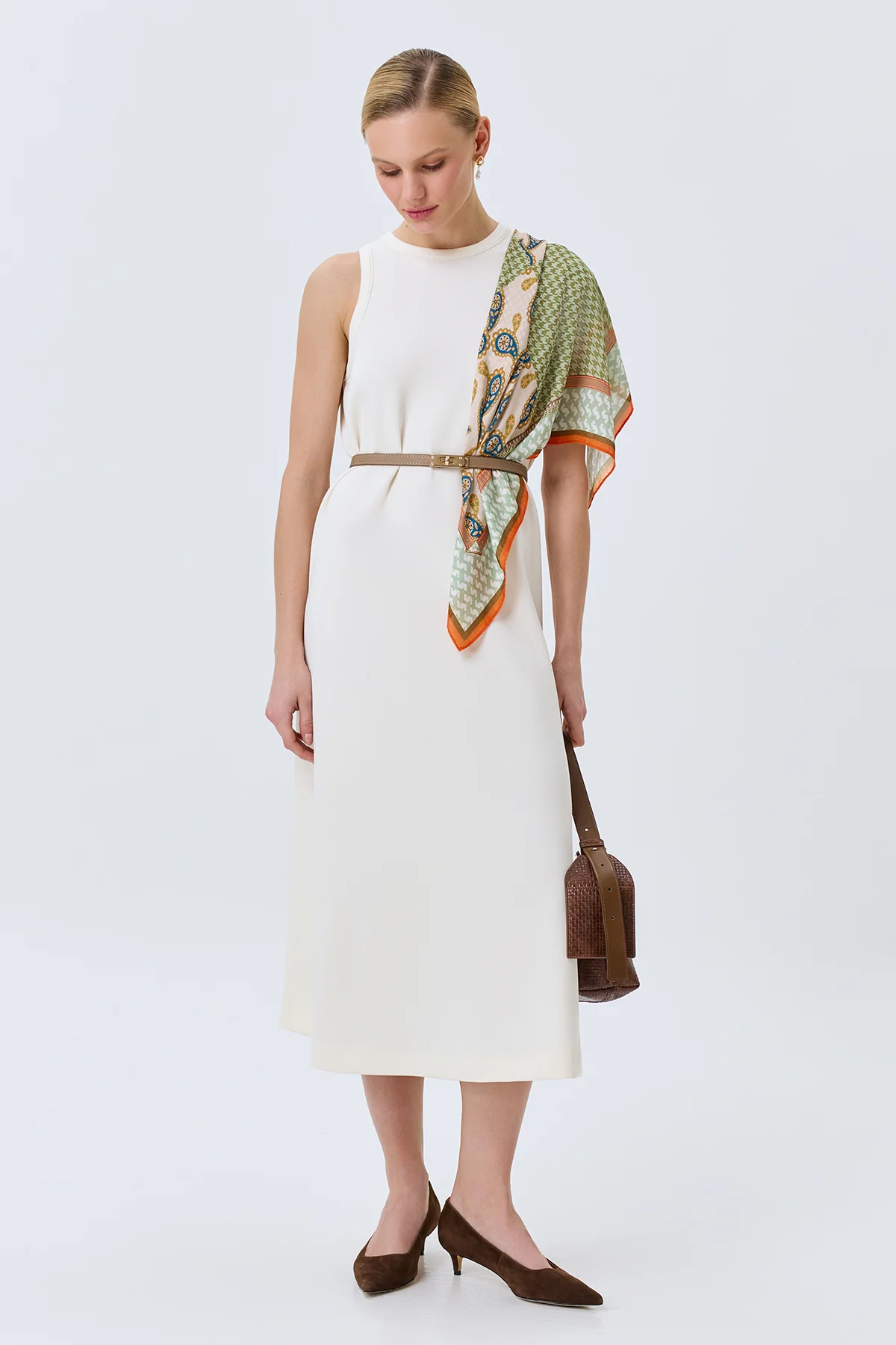 Трикотажное платье-макси с поясом, 42