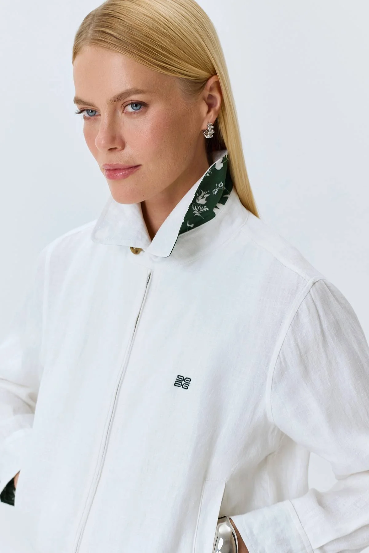 Бомбер из 100% льна с принтованными манжетами, 44