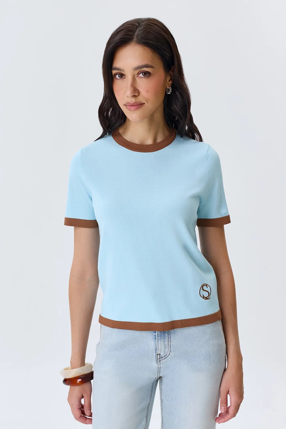 Вязаная футболка с контрастными деталями, 48