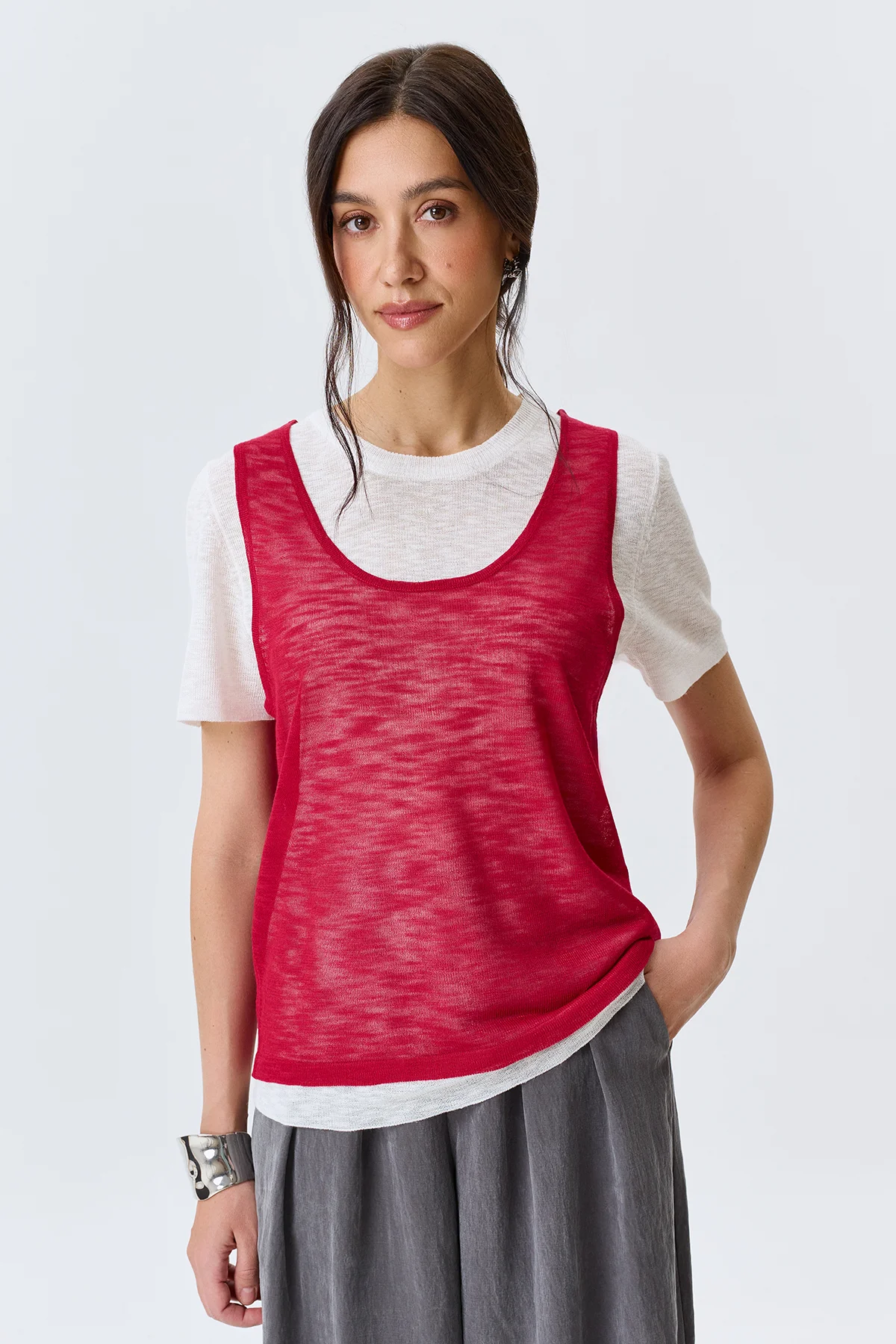 Джемпер тонкий вязаный с топом, 50