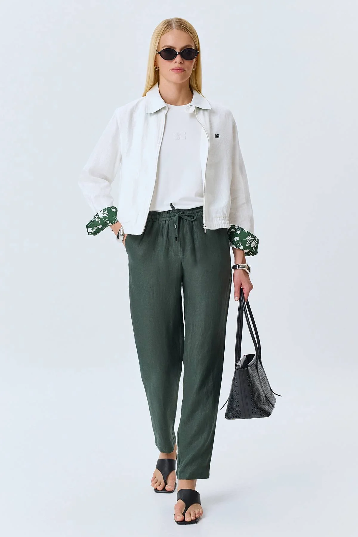 Бомбер из 100% льна с принтованными манжетами, 44