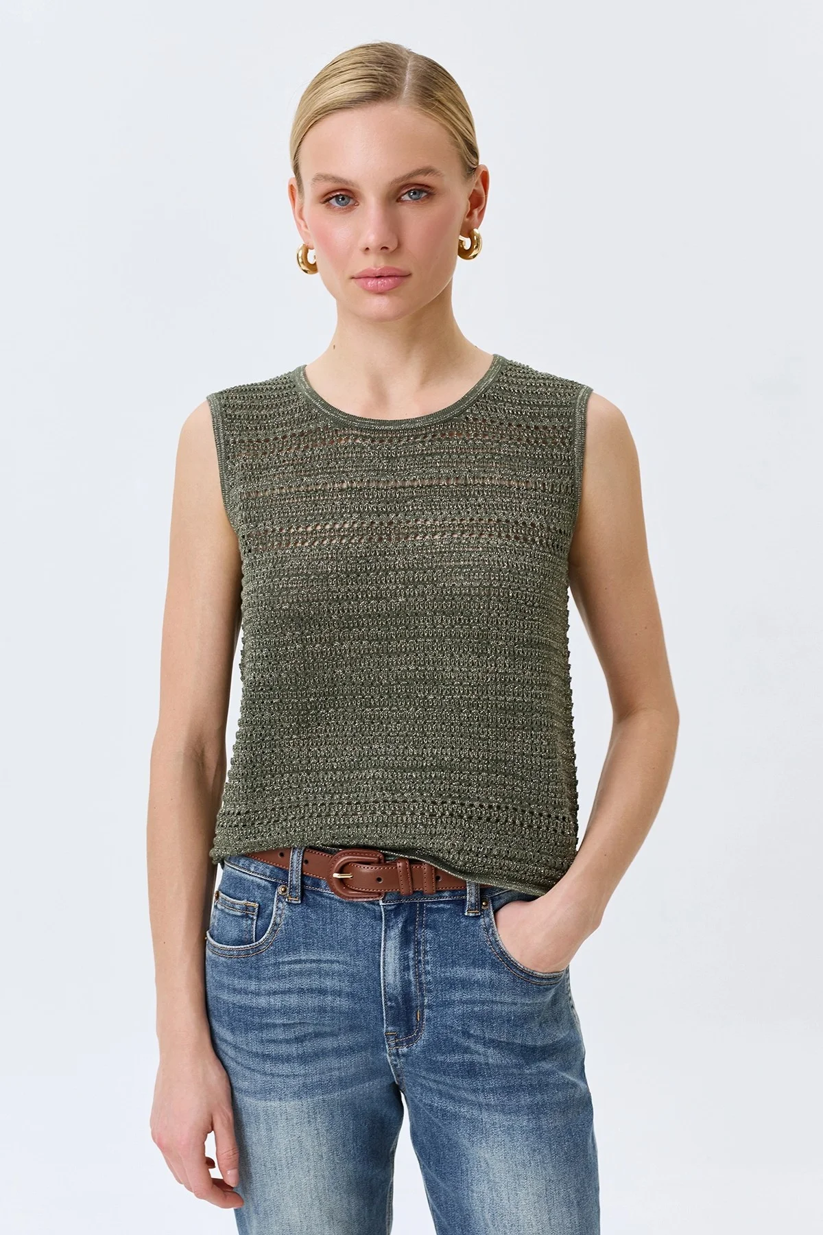 Ажурный топ с люрексом в цвете хаки, 46