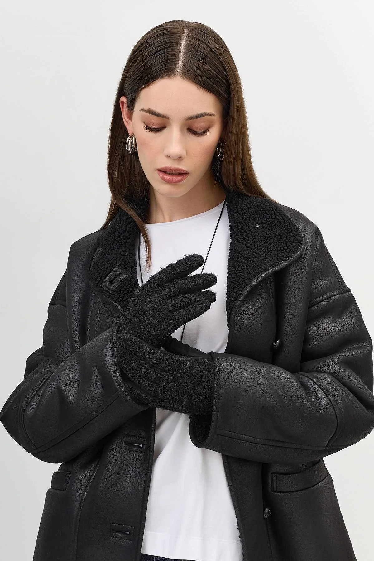 Черные комбинированные перчатки с искусственным мехом, One