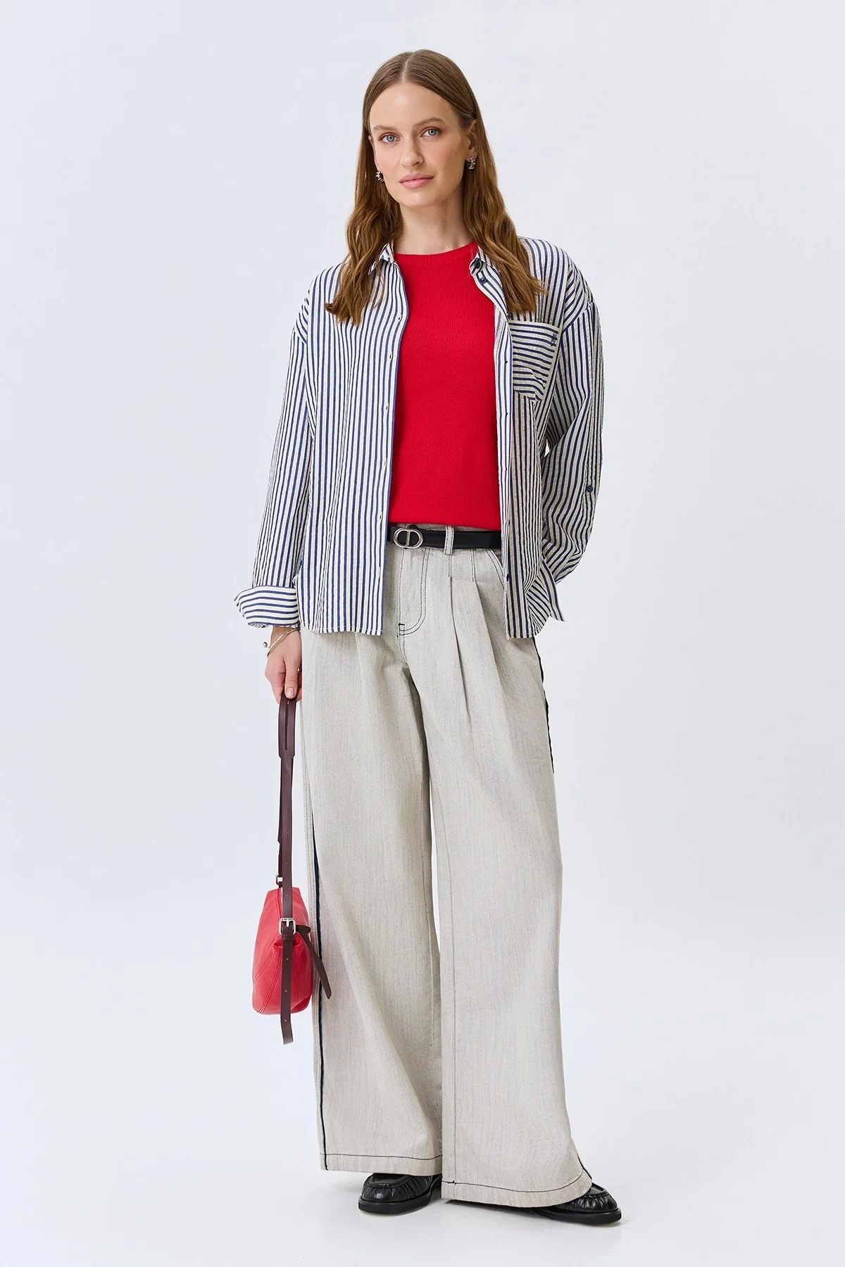 Меланжевые джинсы Wide leg с контрастными кантами, 40