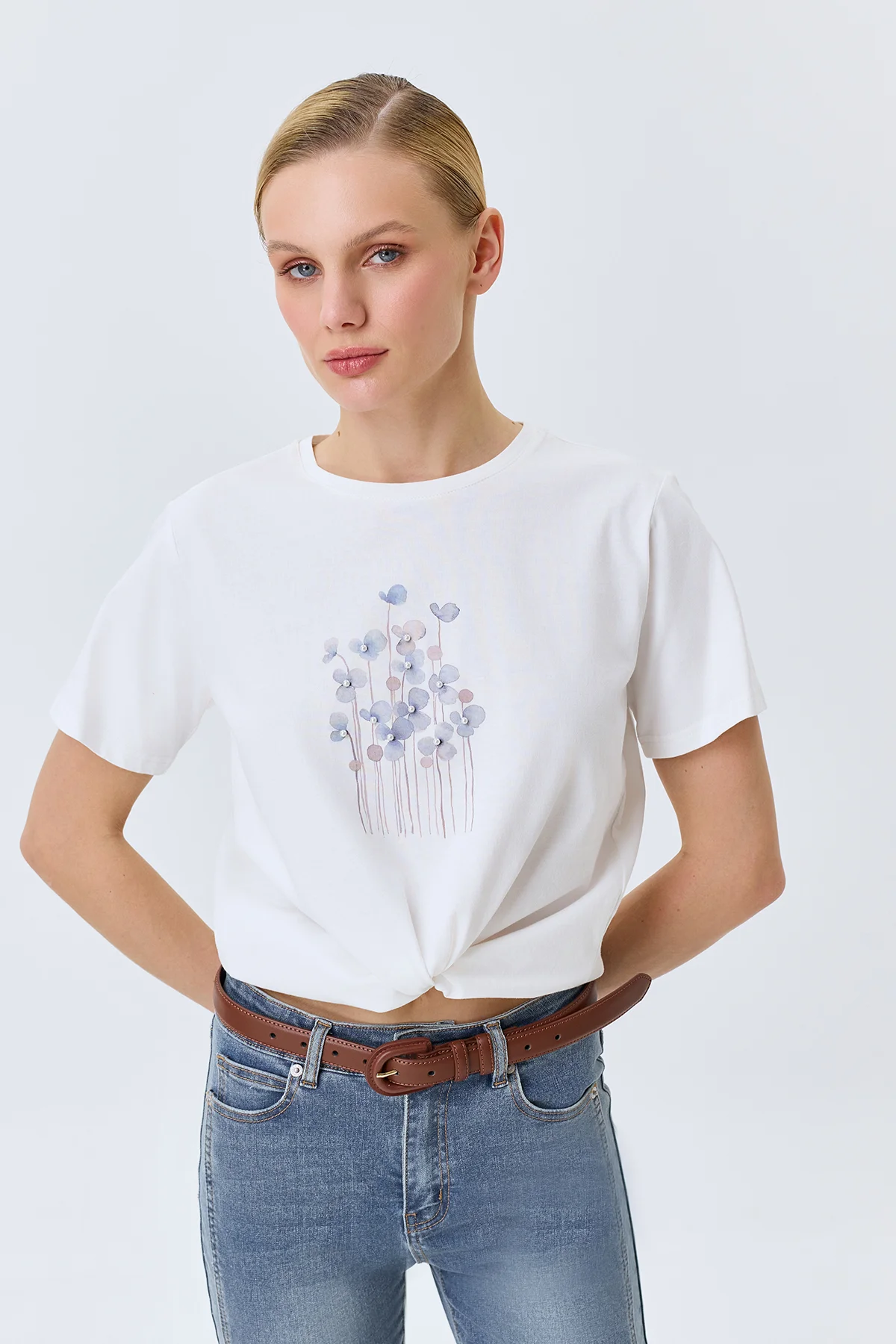 Футболка с принтом и жемчужинами, 50