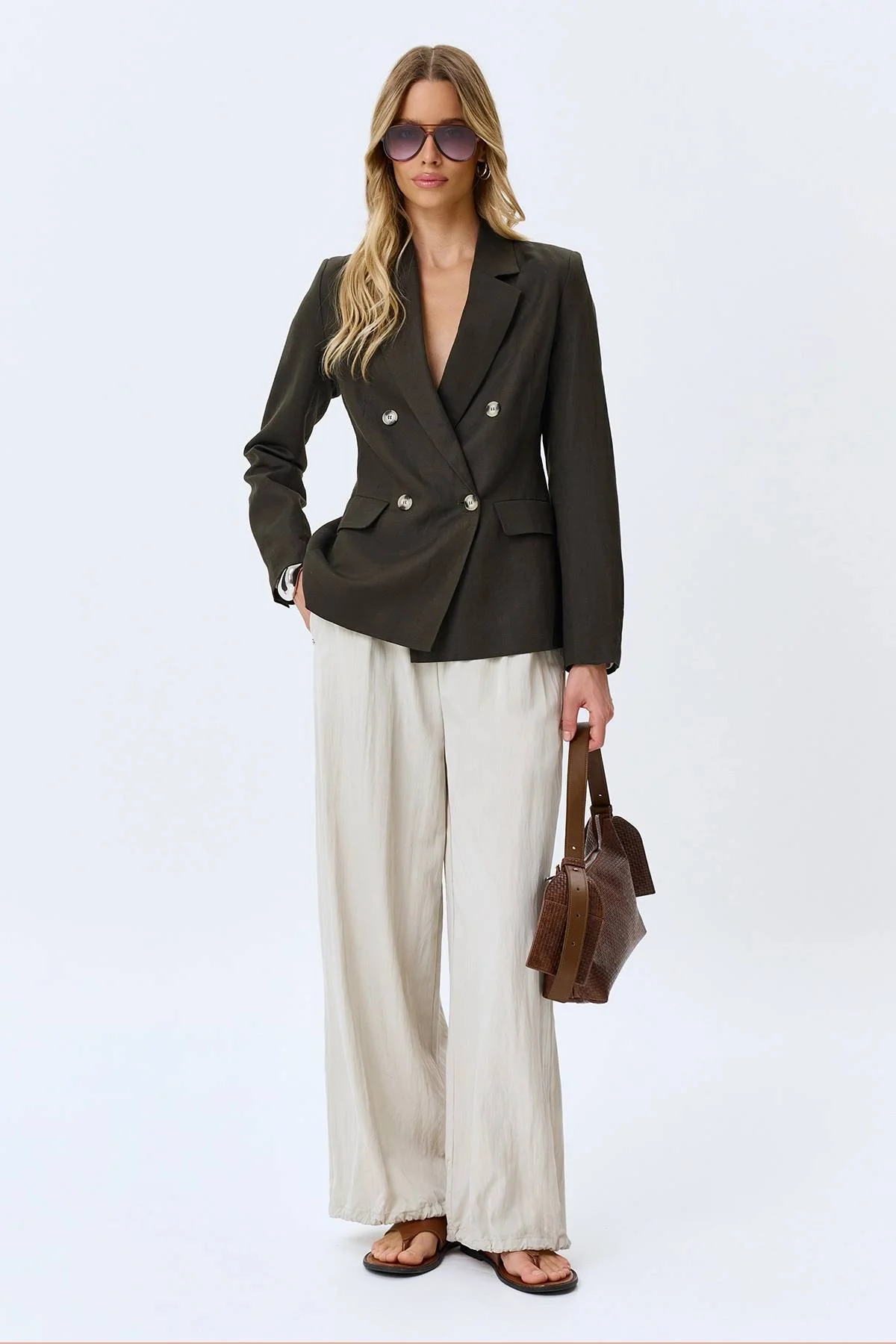 Двубортный льняной жакет, 48