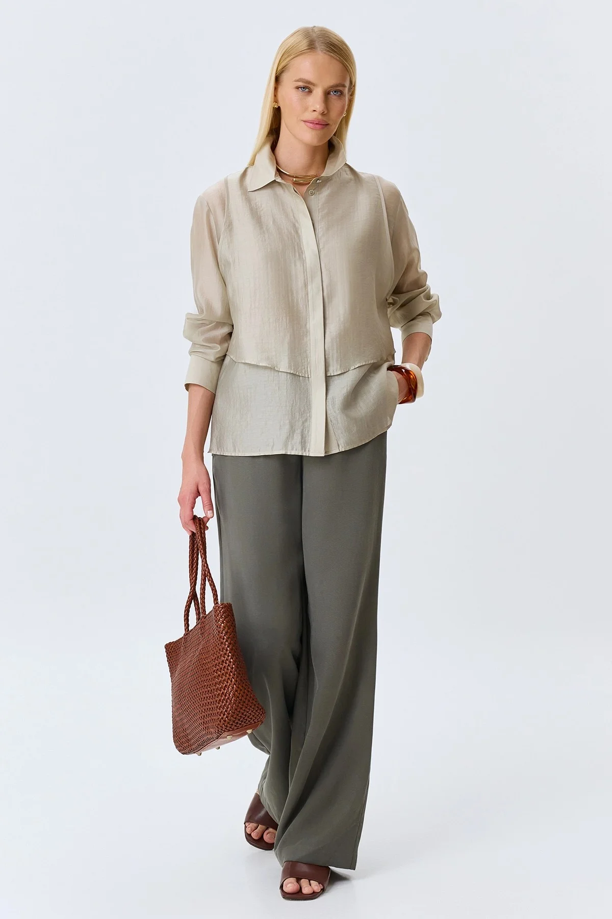 Комбинированная блузка из смесового тенселя, 34