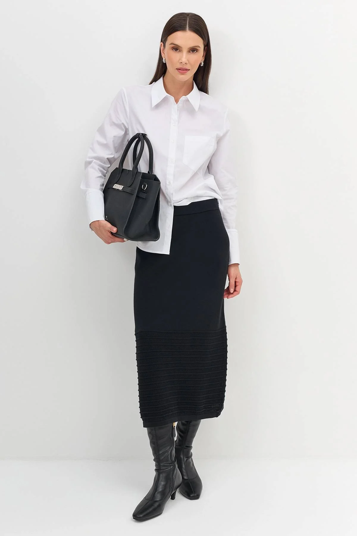 Лимитрированная серия вязаная юбка с ажурной вставкой и ремень, 34