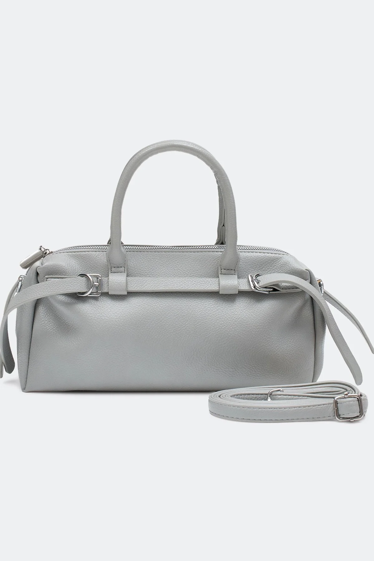 Серая сумка-багет с декоративными ремешками, One