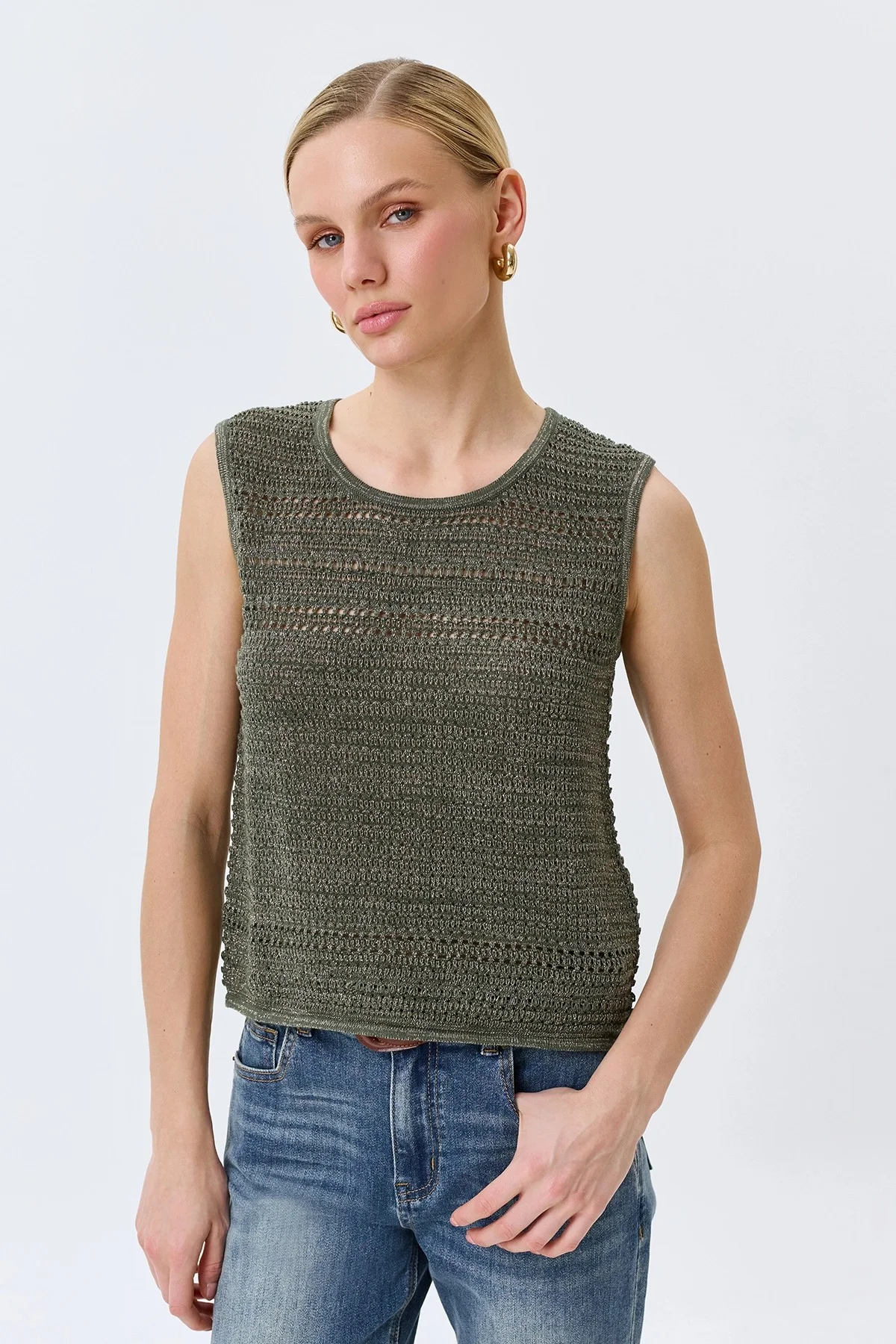 Ажурный топ с люрексом в цвете хаки, 42