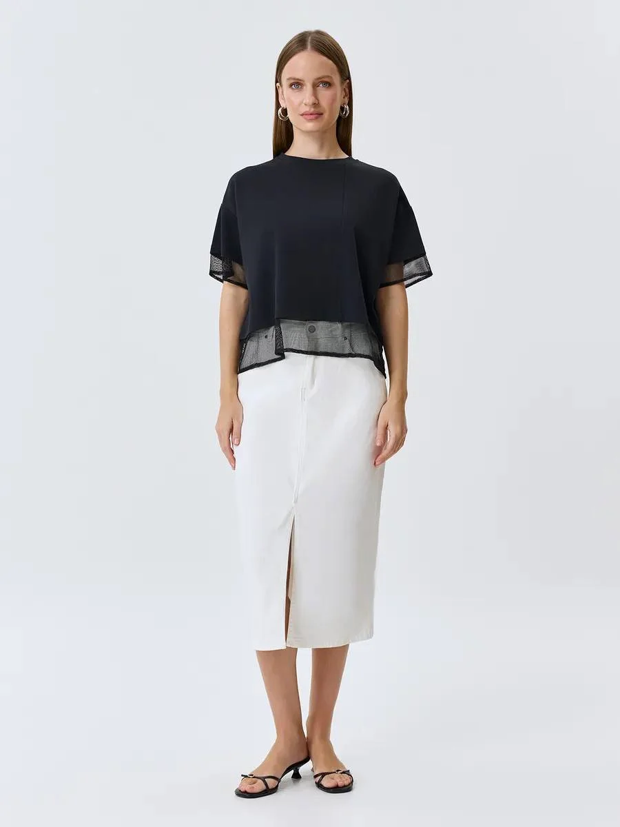 Юбка джинсовая миди летняя с разрезом, 42