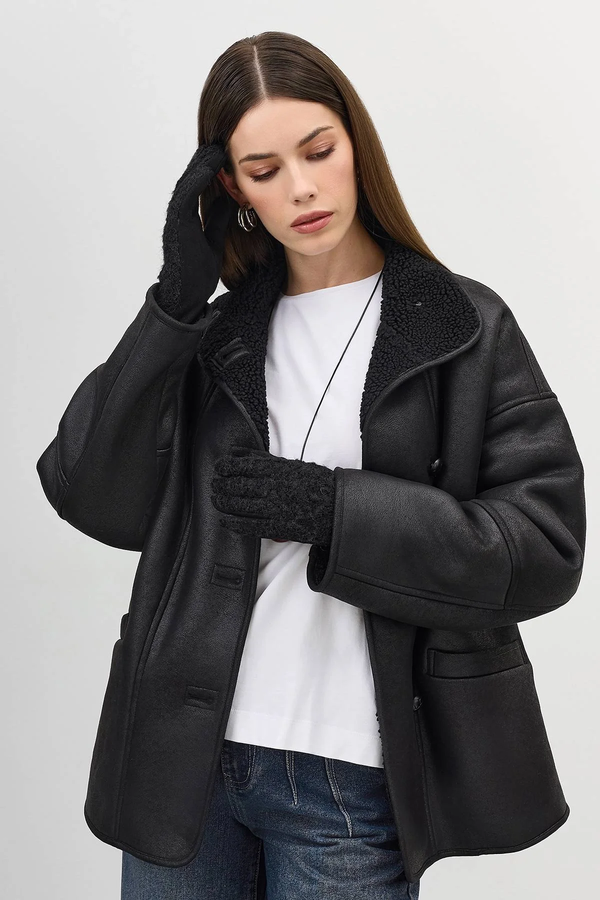 Черные комбинированные перчатки с искусственным мехом, One