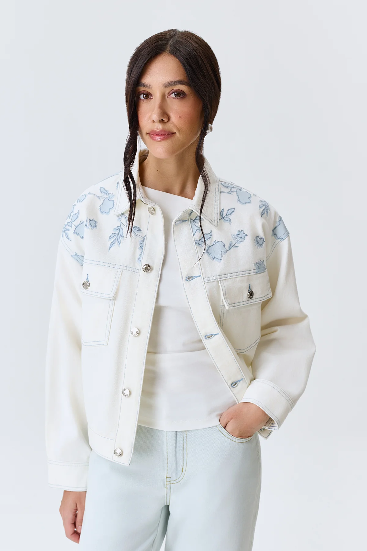 Джинсовый жакет с цветочным принтом, 40