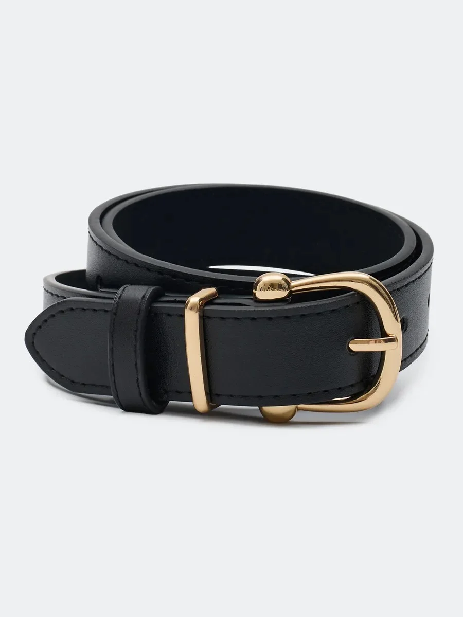 Классический кожаный ремень с золотистой пряжкой, One