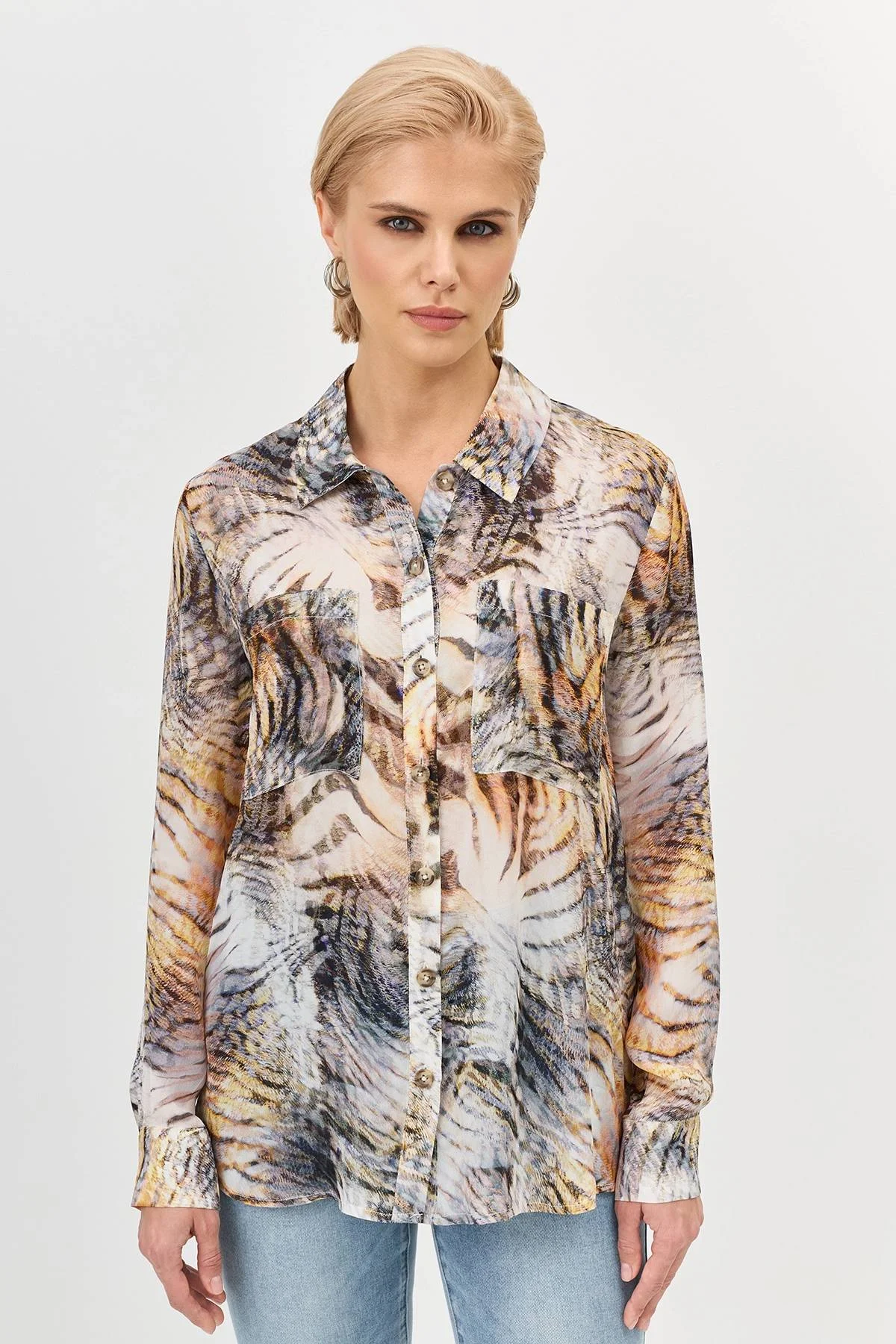 Лимитированная серия блузка с анималистичным принтом в карамельном цвете с ремнем, 38