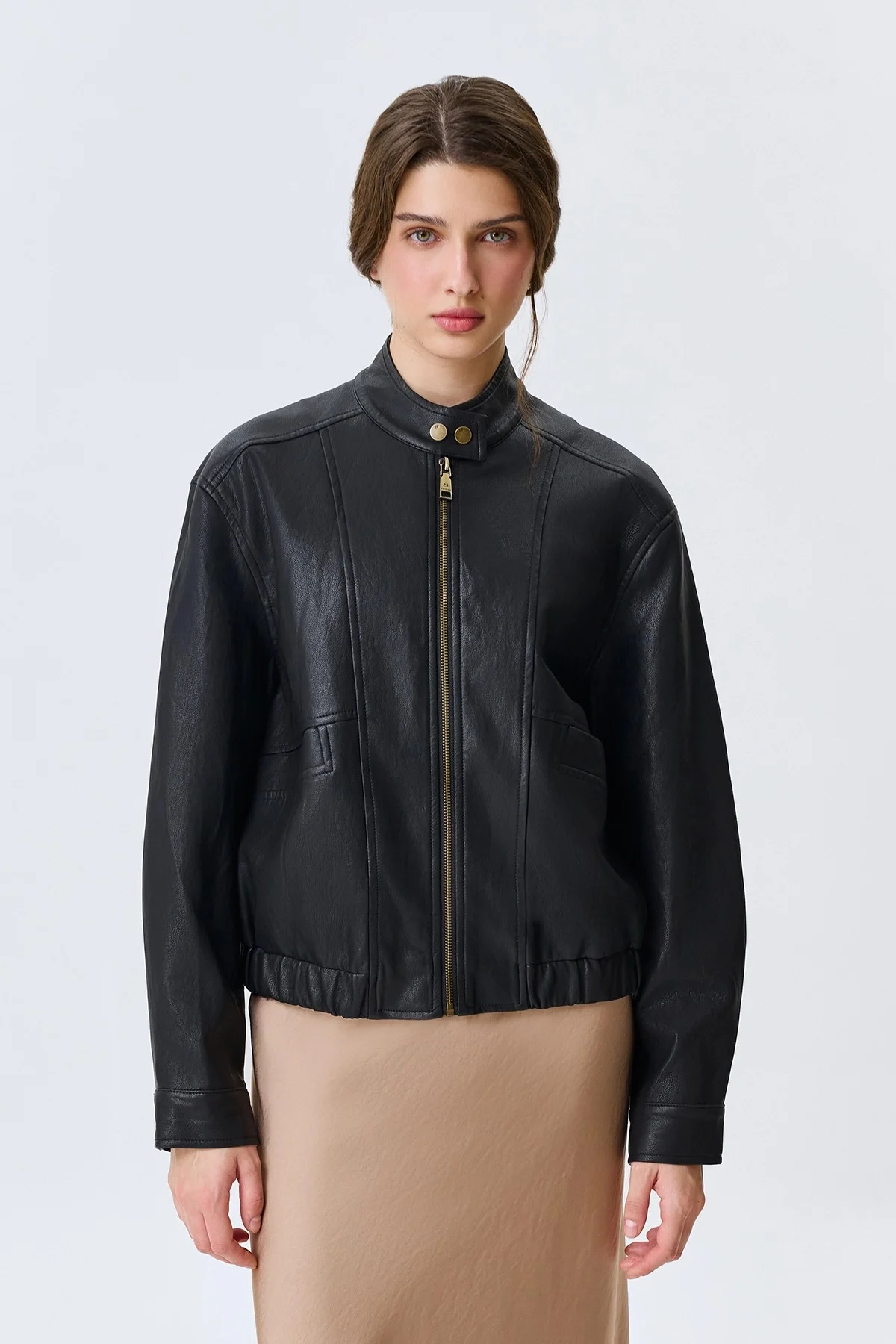 Куртка из эко кожи с воротником-стойкой, 40