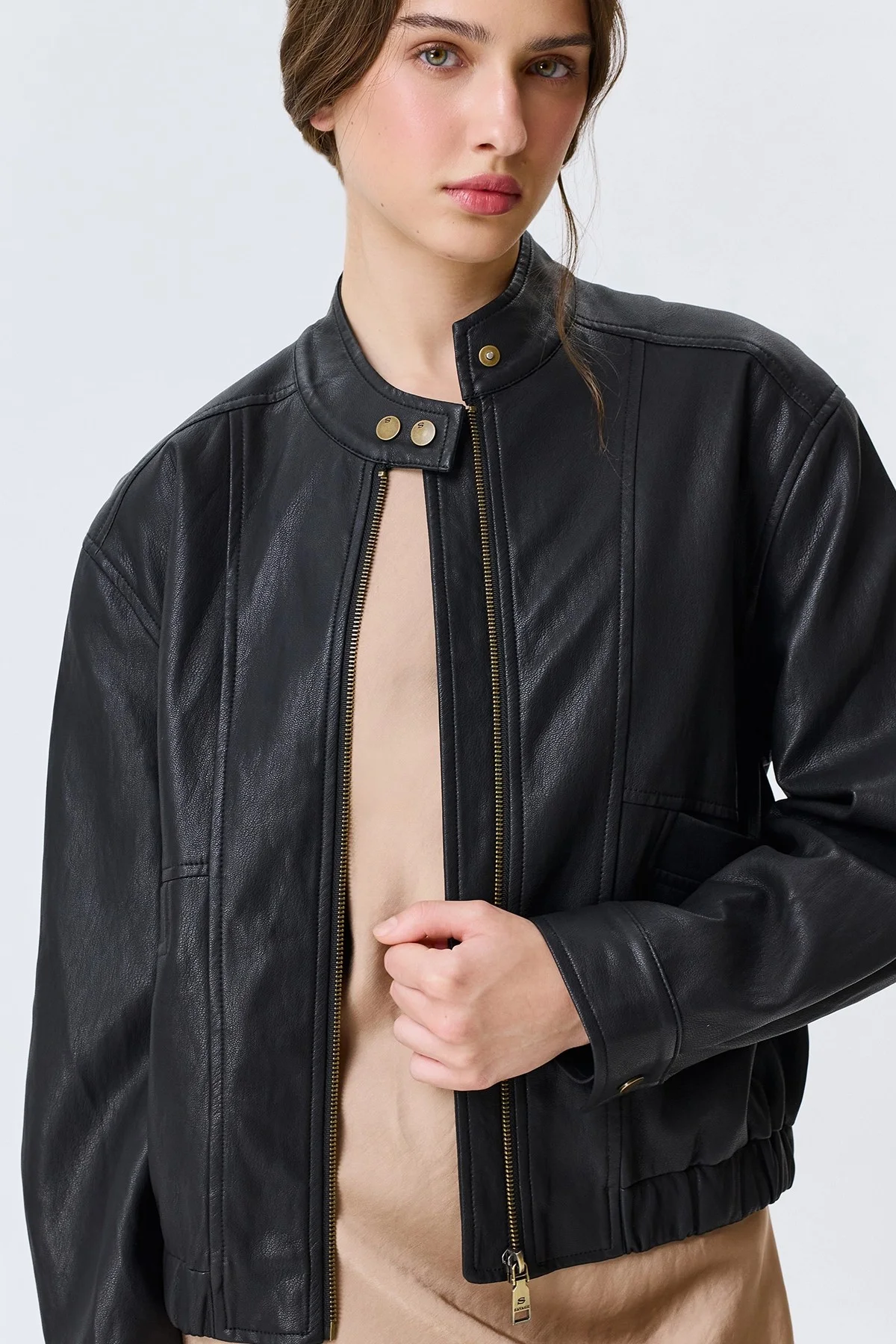 Куртка из эко кожи с воротником-стойкой, 40