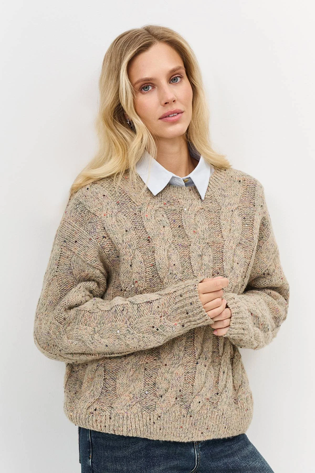 Лимитированная серия меланжевый джемпер с косами и ремень, 40