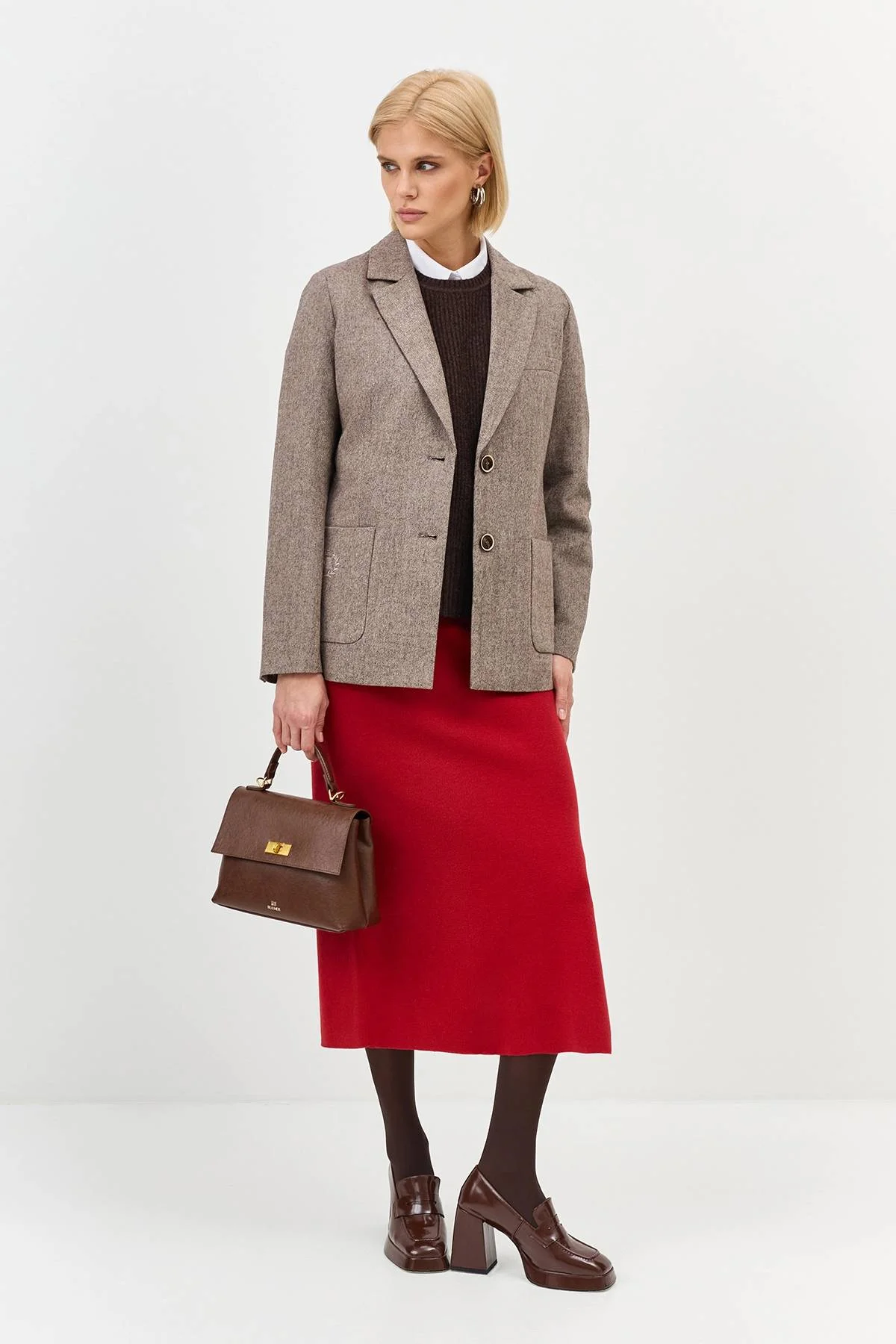 Лимитированная серия жакет из шерстяного твида в цвете Мокко с ремнем, 42