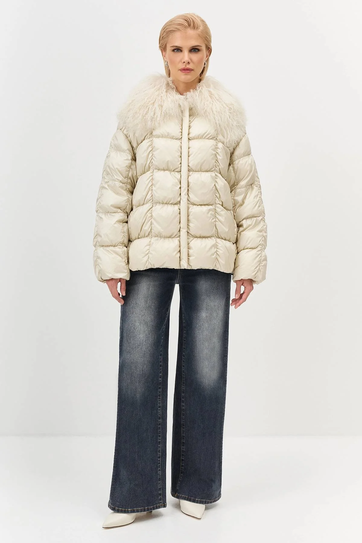 Лимитированная серия куртка жемчужная пуховая с палантином, 36