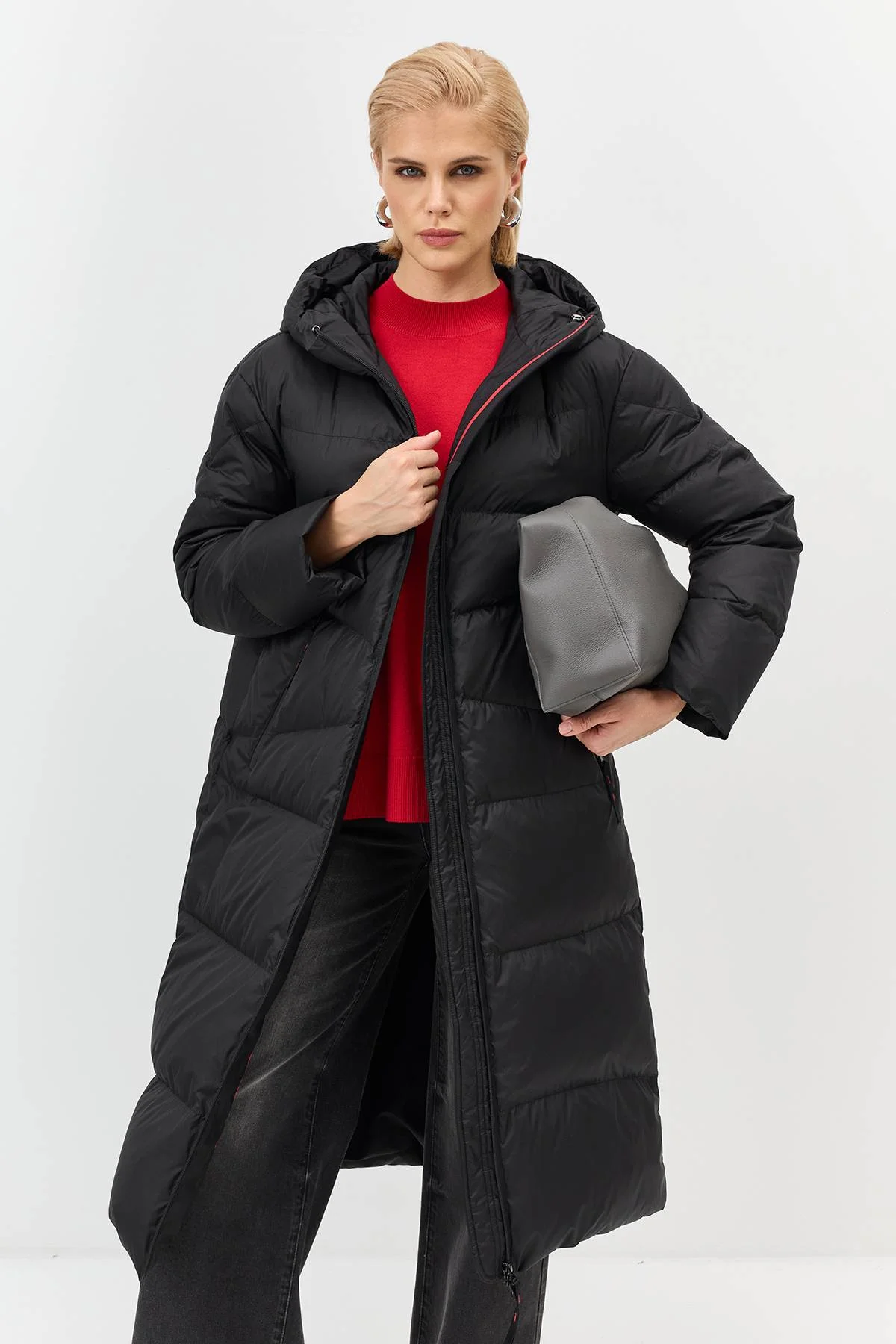 Лимитированная серия длинный пуховик с капюшоном с палантином, 46