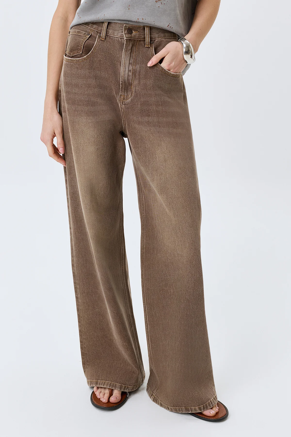 Широкие джинсы кофейного цвета, 42