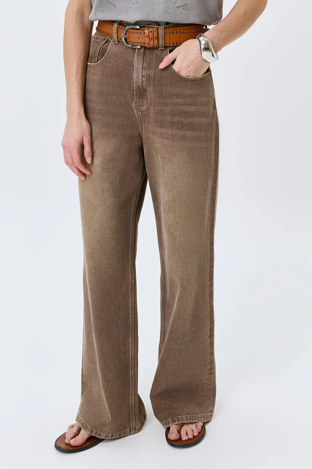 Широкие джинсы кофейного цвета, 46