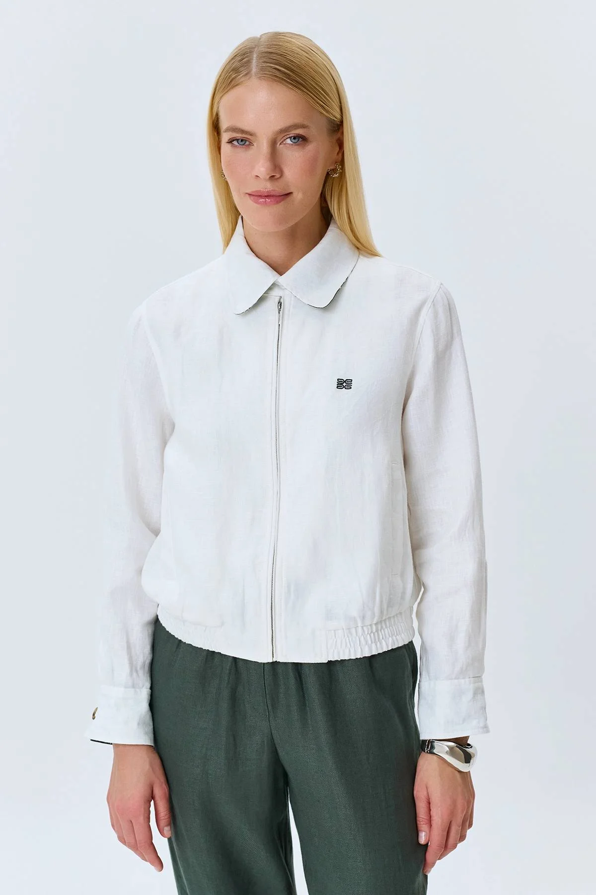 Бомбер из 100% льна с принтованными манжетами, 46