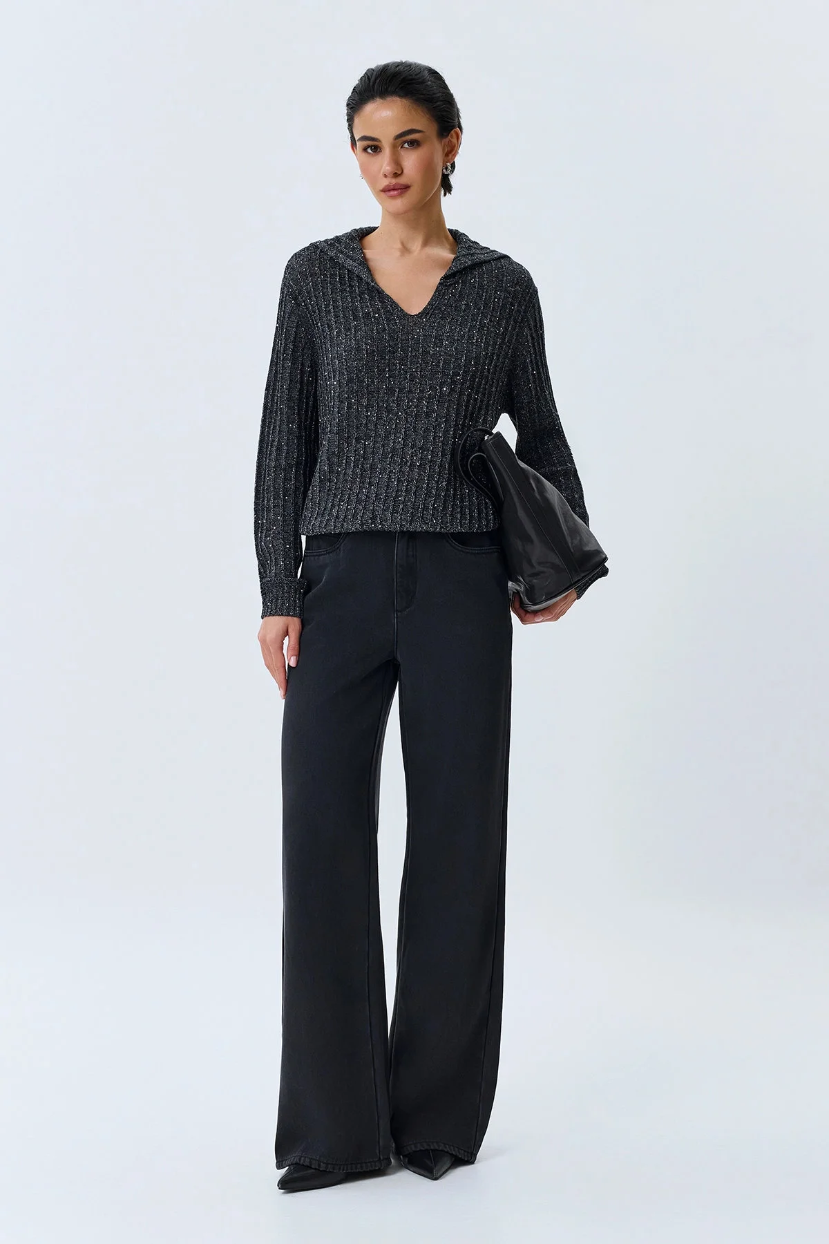 Утепленные черные джинсы Wide leg, 46