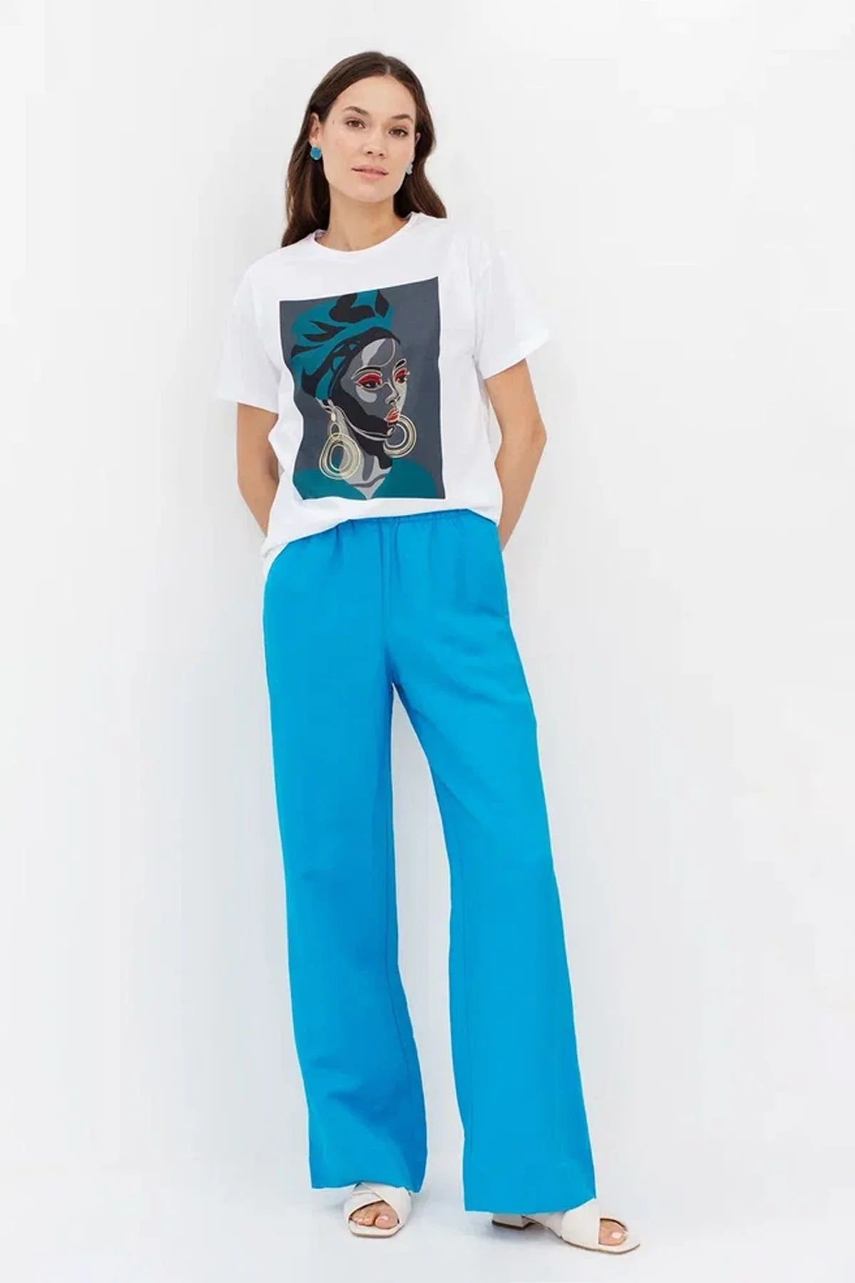 Базовые брюки в цвете аква с мягкими складками, 44р