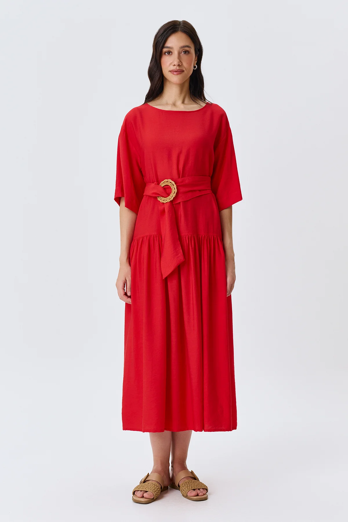 Платье летнее длинное с поясом, 44