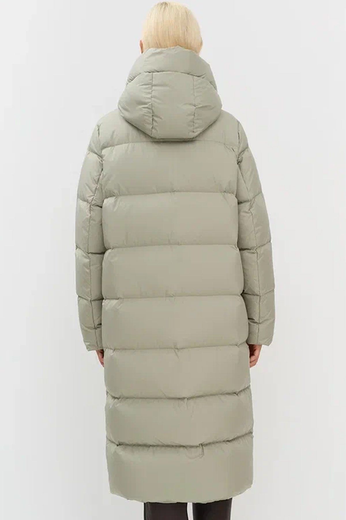 Удлиненное пальто свободного силуэта из натурального пуха в оливковом цвете, 42р