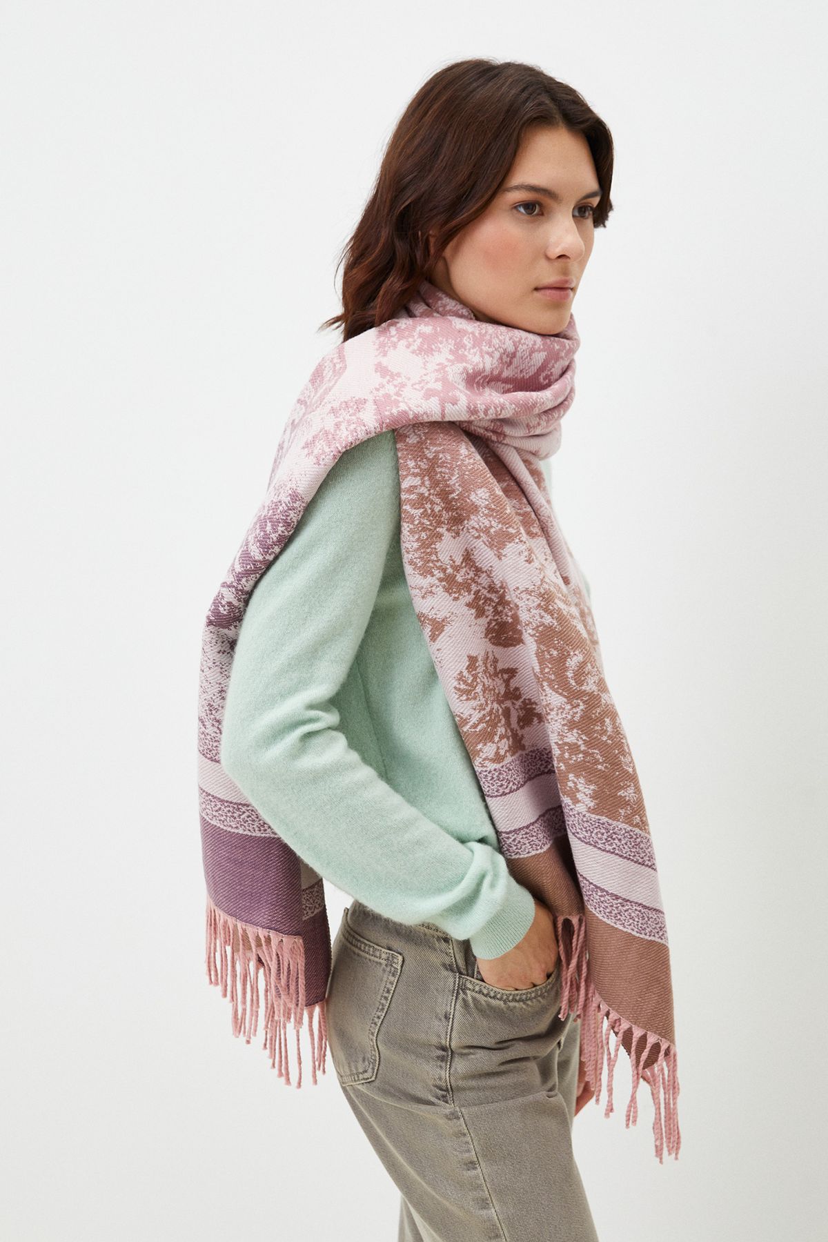 Палантин с принтом "гусиная лапка" и "Туаль де Жуи" в розовом цвете, 65х180